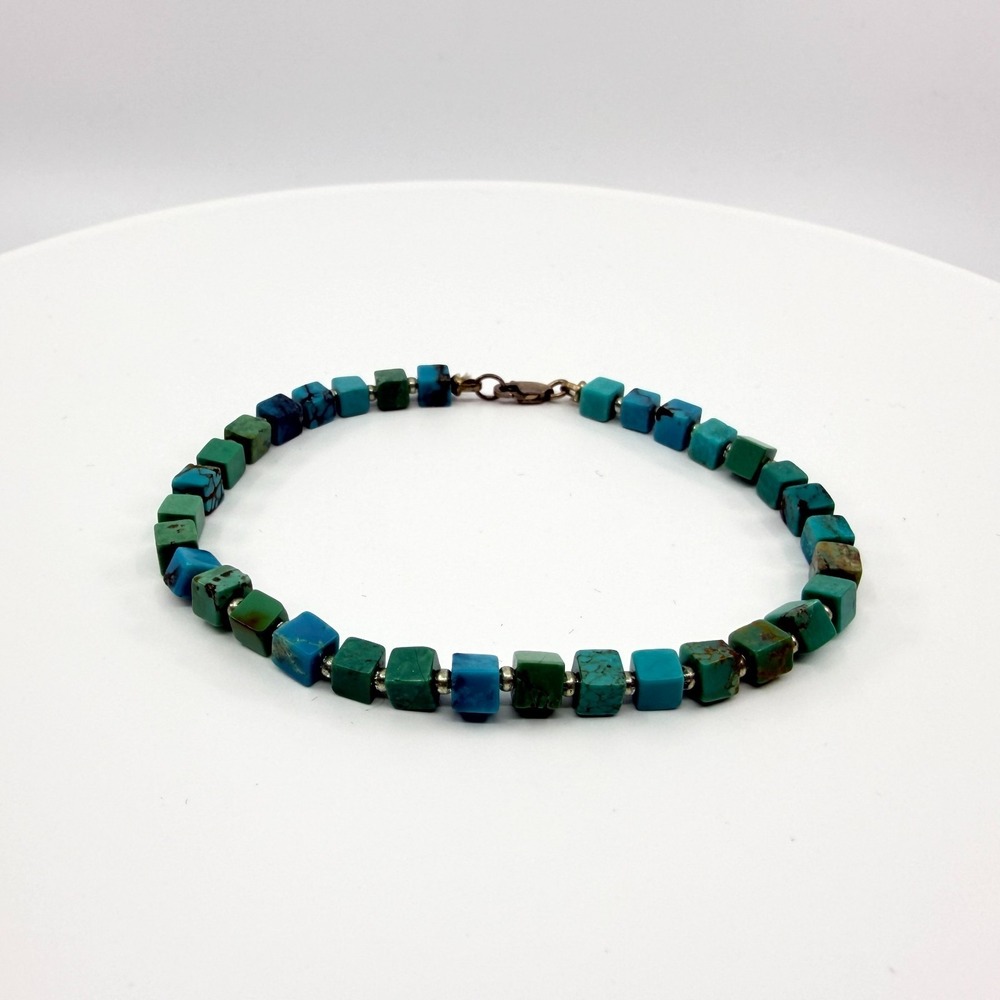 Vintage Silver Tone Bracelet Faux Turquoise Blue Green Cube Square Bead Boho 90s